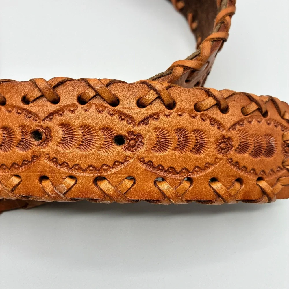 Vintage Hand Tooled Leather Belt Mens 38 Tan Whipstitch Western Boho Cutout